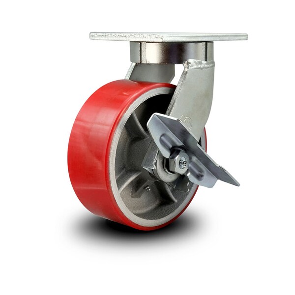 8 Inch Extra Heavy Duty Red Poly on Cast Iron Wheel Swivel Caster with Brake